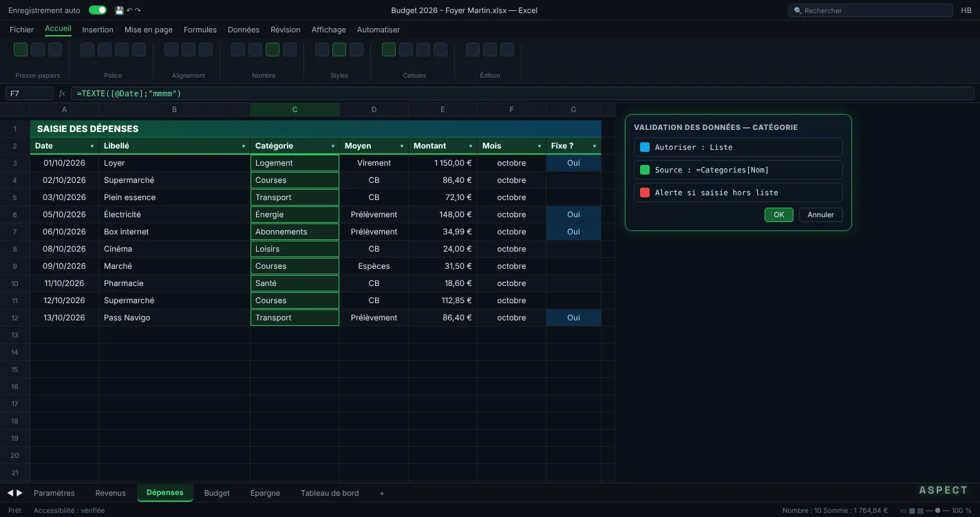 Tableau Excel de saisie des dépenses avec date, libellé, catégorie en liste déroulante, moyen de paiement, montant et colonne mois calculée