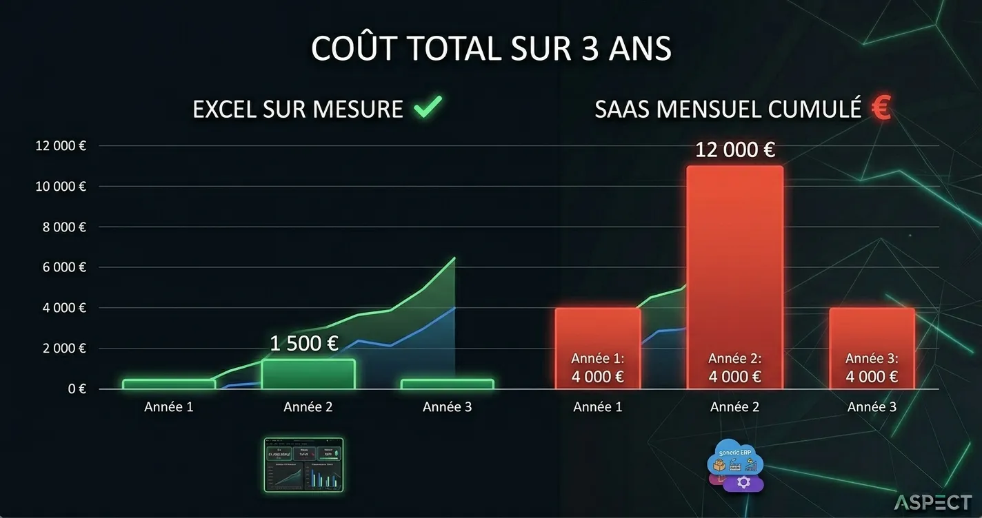 Graphique comparatif du coût total sur 3 ans : Excel sur mesure (investissement unique) vs abonnements SaaS cumulés mensuels
