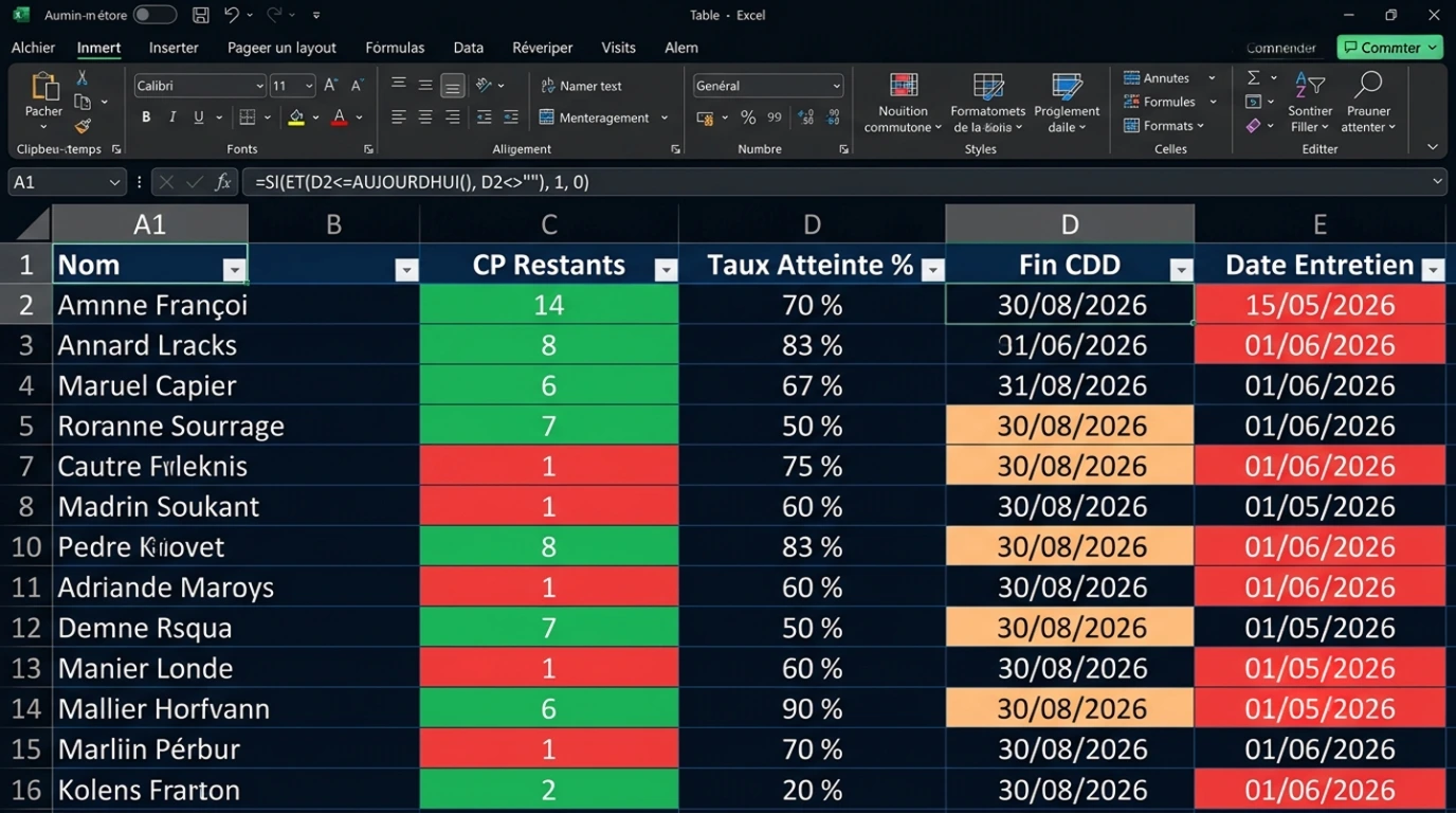 Tableau Excel RH avec colonnes de suivi des congés colorées – cellules vertes pour soldes OK, rouges pour alertes rupture ou CDD à terme
