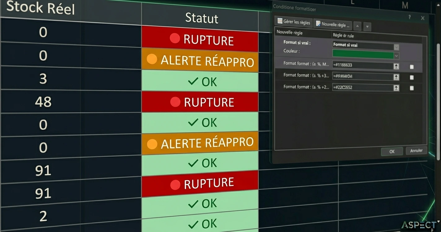 Colonne Statut d'un tableau Excel de gestion de stock avec cellules affichant RUPTURE en rouge vif, ALERTE RÉAPPRO en orange et OK en vert grâce à la mise en forme conditionnelle