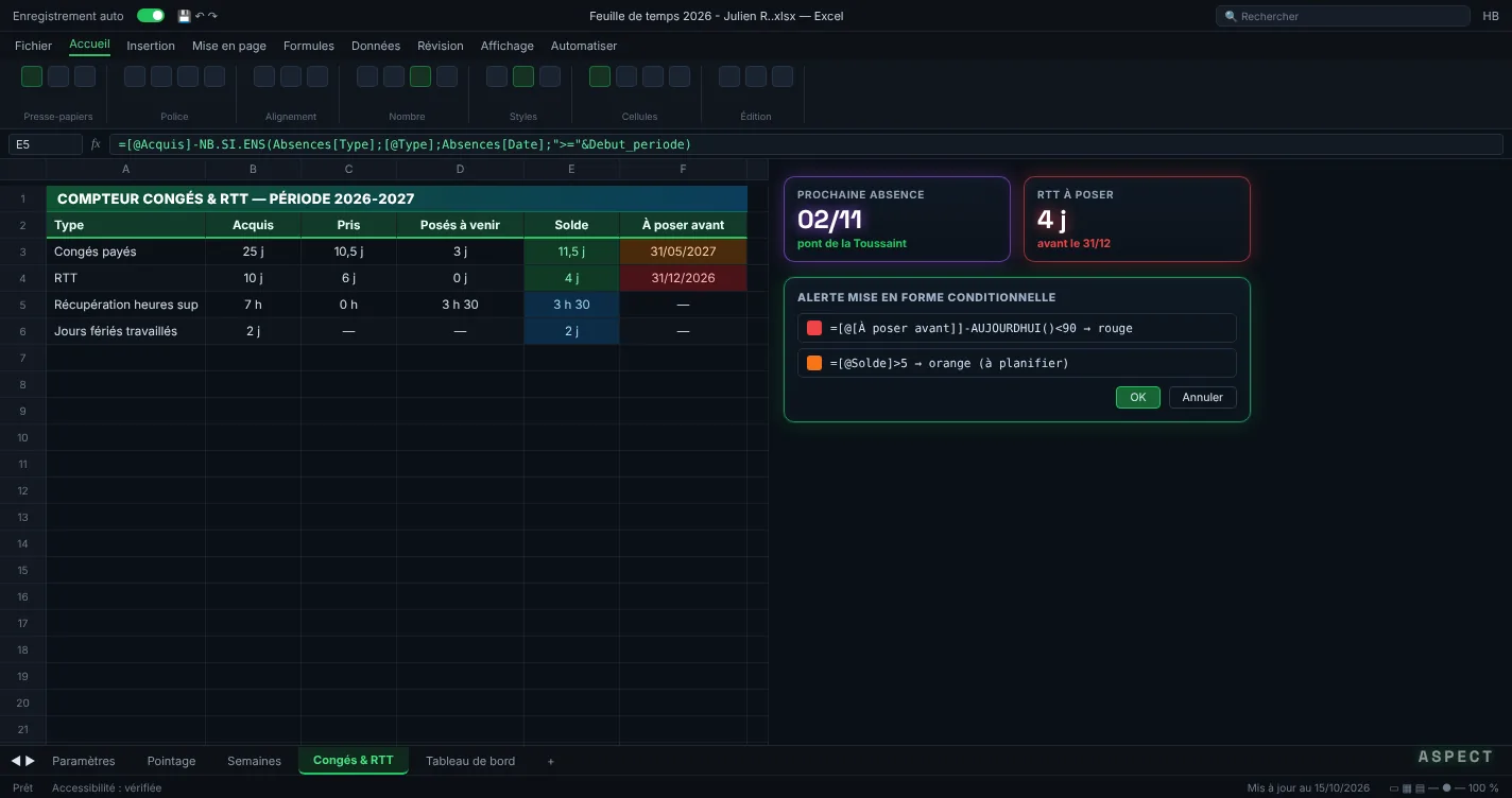 Compteur Excel de congés payés et RTT avec jours acquis, pris, posés, solde et date limite de prise mise en évidence en rouge