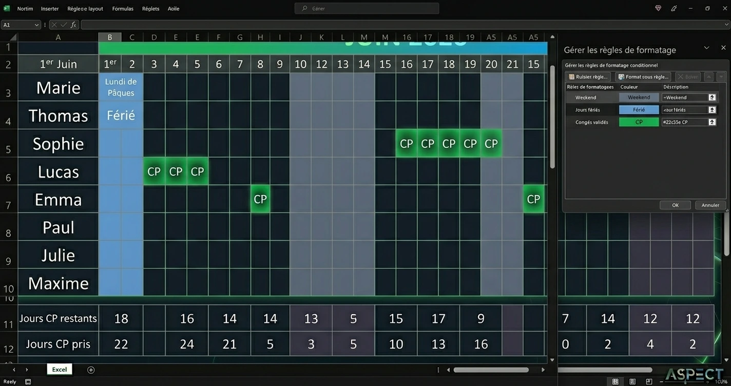 Zoom sur une grille de planning Excel avec colonnes de dates en entête, cellules weekends grisées automatiquement, cellules fériés en bleu pâle et absences en vert par mise en forme conditionnelle