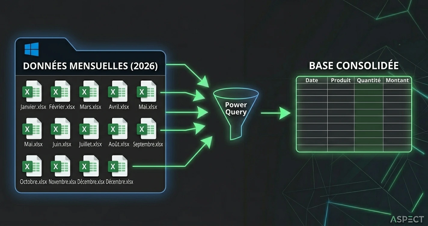 Illustration montrant 12 fichiers Excel mensuels dans un dossier Windows reliés par des flèches vers une seule table Power Query consolidée dans Excel