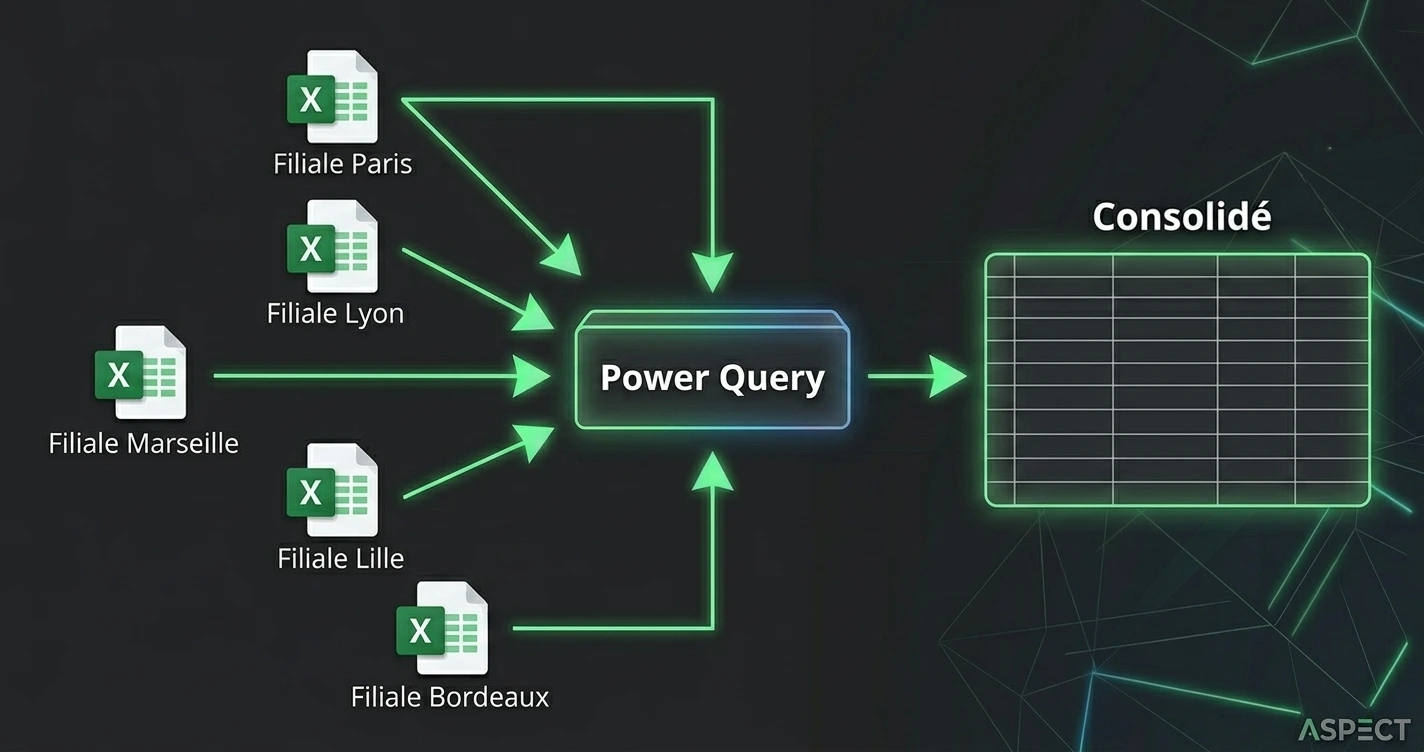 Schéma illustrant plusieurs fichiers Excel filiales reliés par des flèches vers Power Query, qui consolide tout en une table unique