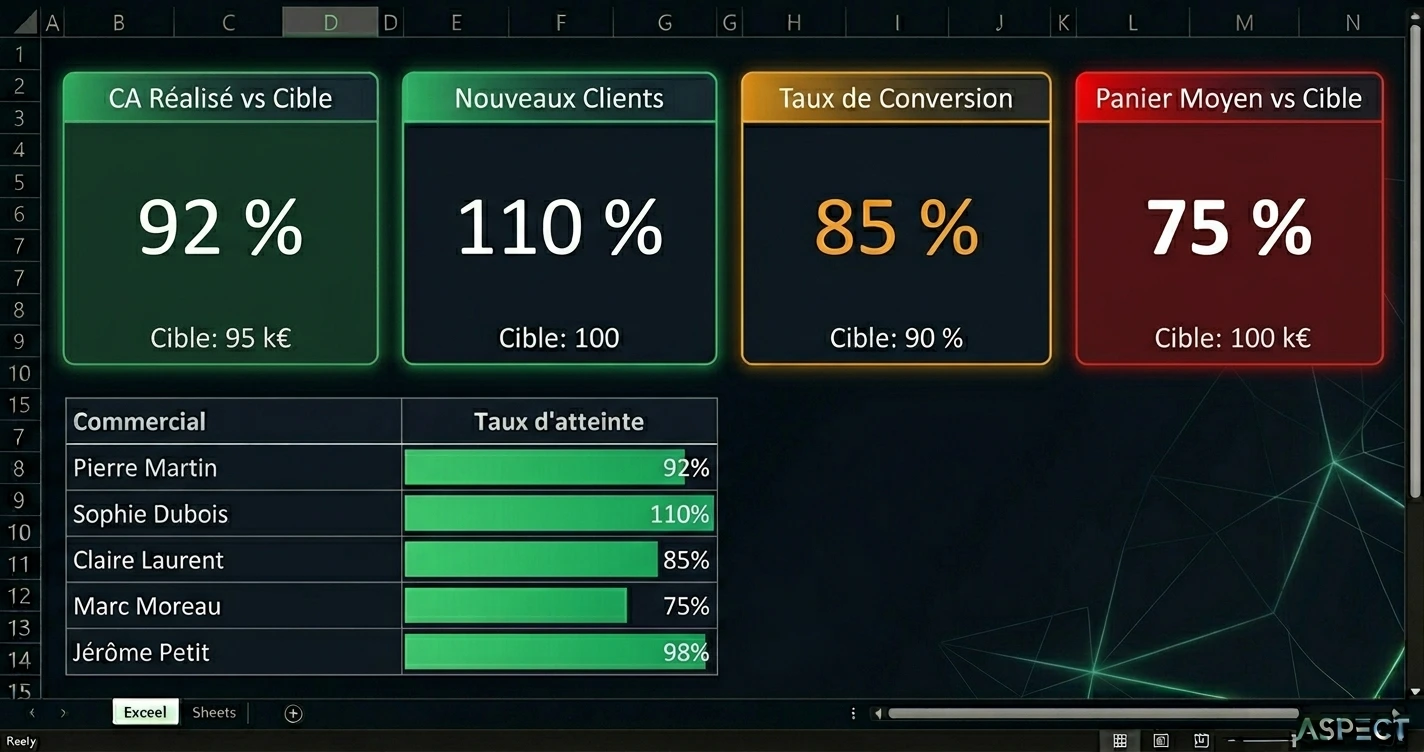 Onglet Dashboard Excel avec 4 cartes KPI colorées en vert et orange selon les seuils, barres de données par commercial et graphique courbe CA réalisé vs objectif sur 12 mois