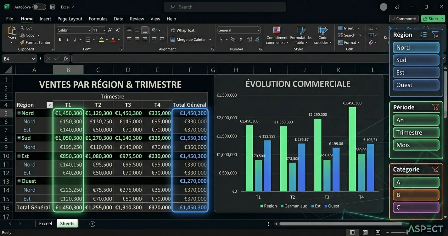 Tableau croisé dynamique Excel avec données commerciales par région et trimestre, graphique croisé dynamique lié et segments de filtre colorés