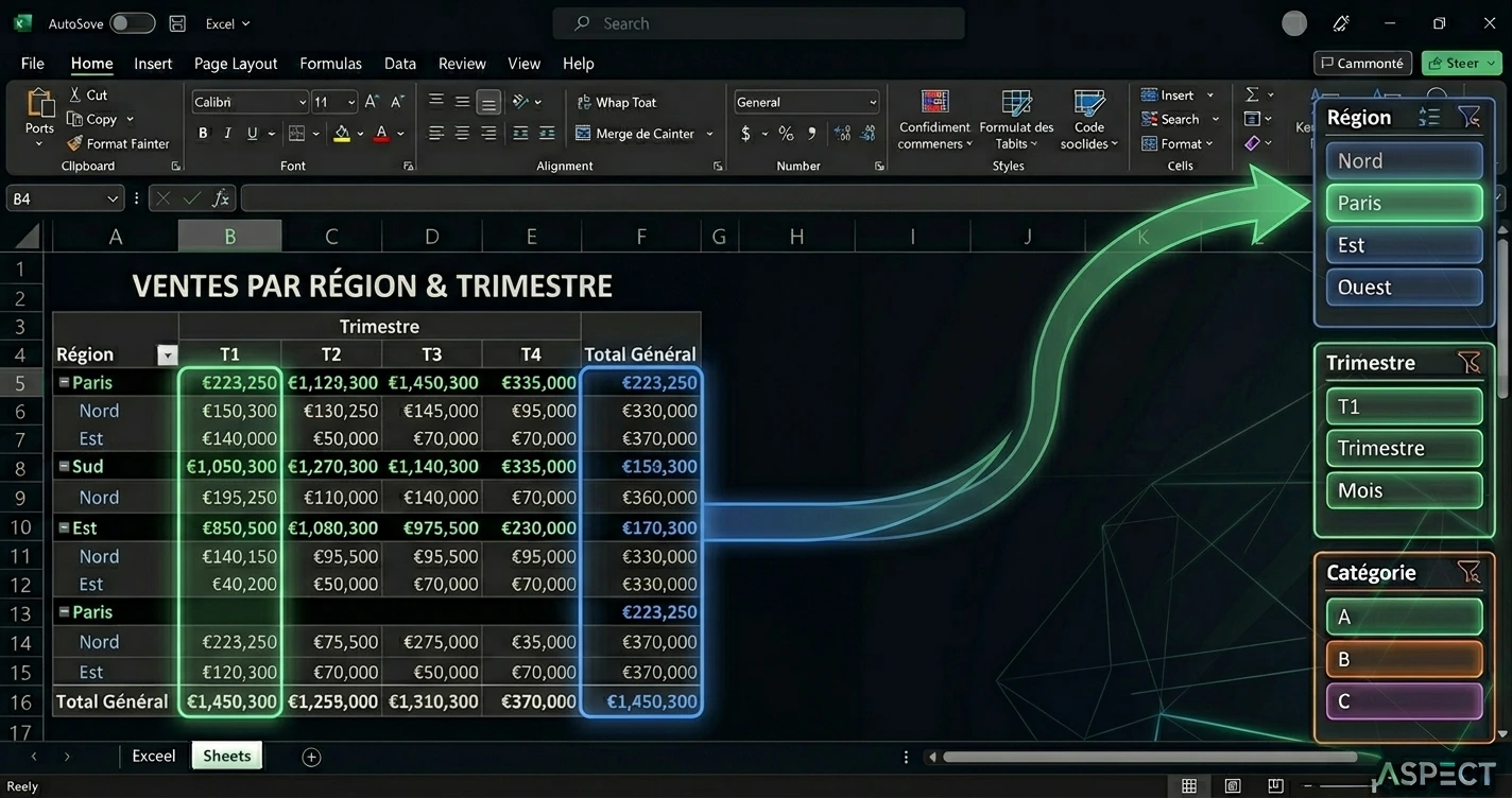 Segments Excel colorés (Région, Trimestre, Catégorie) connectés à un tableau croisé dynamique avec filtre actif sur la région Paris