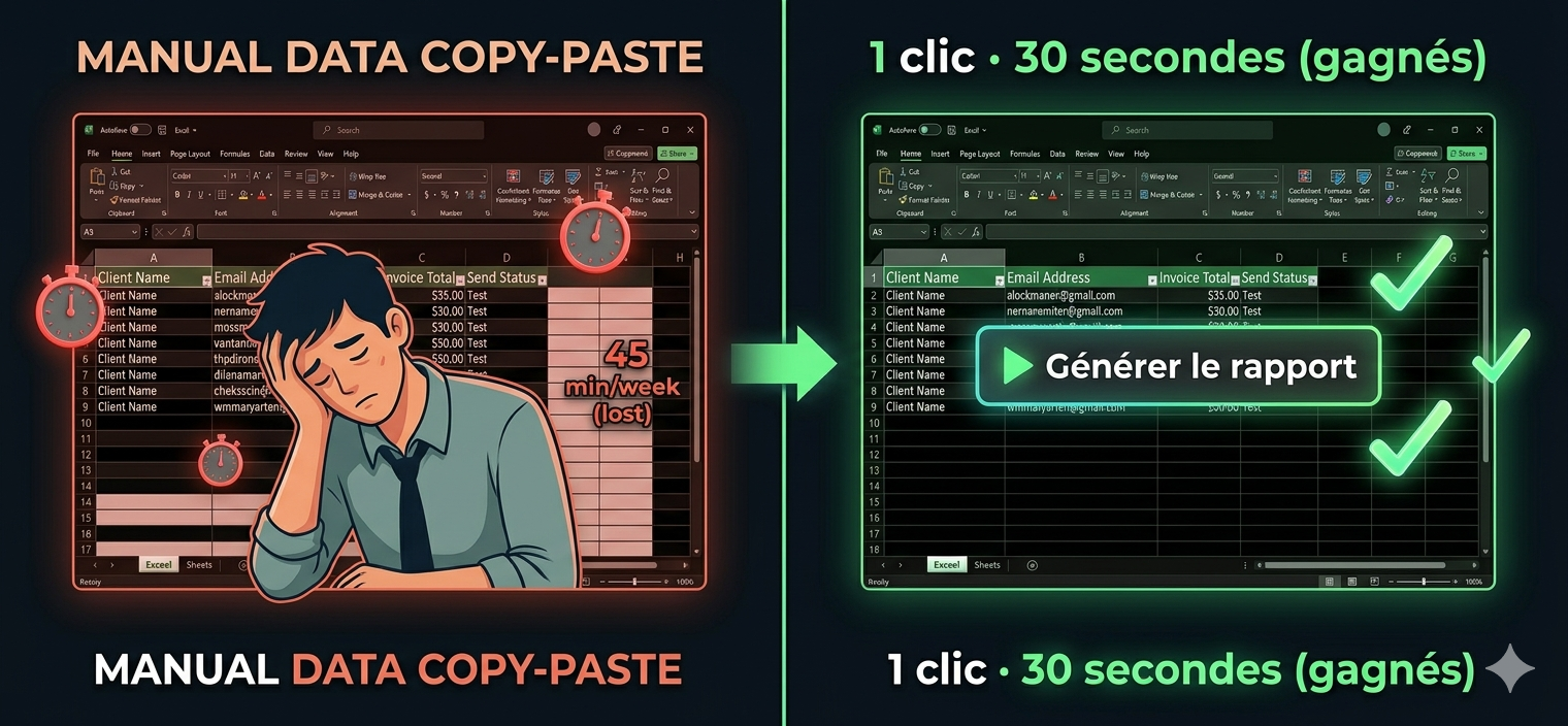 Comparaison avant/après automatisation Excel VBA : tâches manuelles à gauche, workflow automatisé à droite