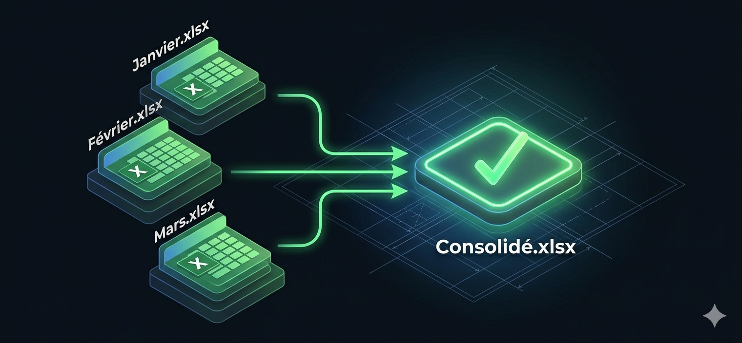 Schéma de consolidation : plusieurs fichiers Excel (agence1.xlsx, agence2.xlsx, agence3.xlsx) fusionnés automatiquement en un fichier synthèse par VBA