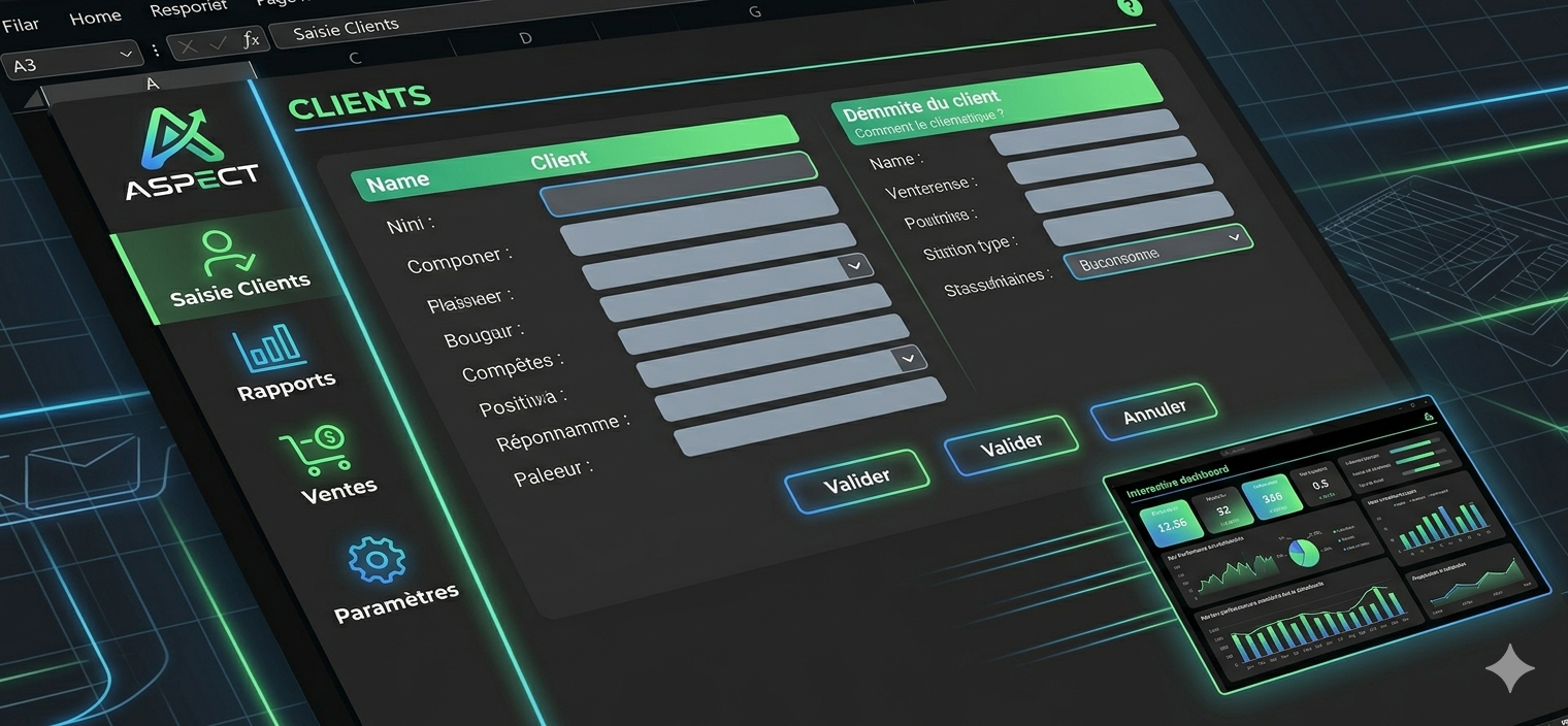 Exemple d'interface Excel sur mesure avec formulaire de saisie, boutons de navigation et tableau de bord intégré dans un fichier Excel professionnel