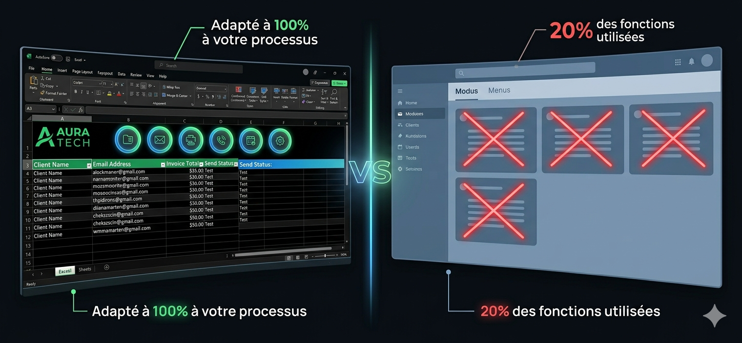 Illustration comparative : d'un côté un tableau Excel personnalisé avec des graphiques sur mesure, de l'autre une interface de logiciel SaaS standard avec des fonctionnalités figées