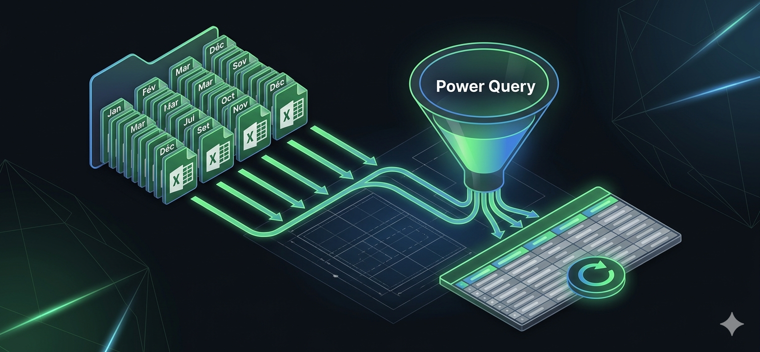 Illustration montrant 12 fichiers Excel mensuels dans un dossier (Janvier.xlsx à Décembre.xlsx) reliés par des flèches vers une seule table Power Query consolidée dans Excel