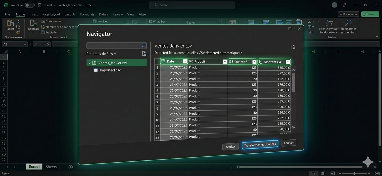 Fenêtre de navigation Power Query montrant l'aperçu d'un fichier CSV importé avec ses colonnes détectées automatiquement (date, produit, quantité, montant)