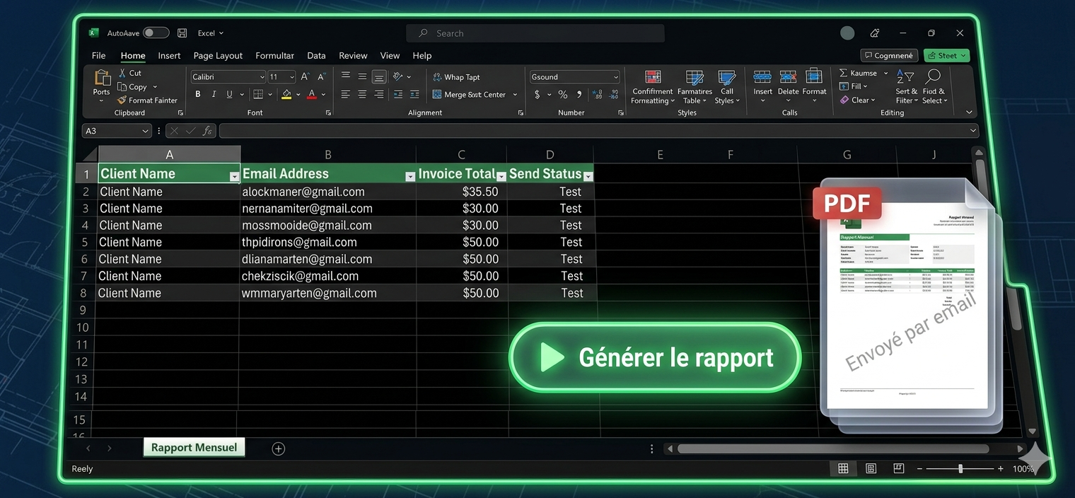 Interface Excel avec un bouton VBA 'Générer le rapport mensuel' et un aperçu du PDF généré automatiquement