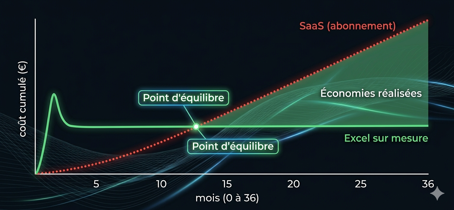 Graphique montrant l'évolution des coûts cumulés : la courbe SaaS (abonnement mensuel) croît linéairement, tandis que la courbe Excel sur mesure (investissement initial + coût quasi nul ensuite) passe sous la courbe SaaS après 12 à 18 mois