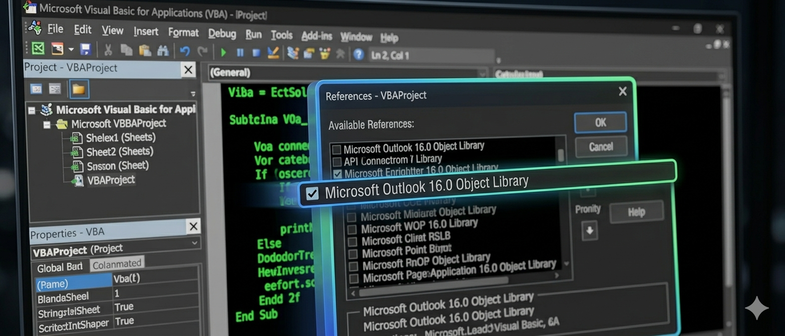 Fenêtre Références VBAProject avec Microsoft Outlook 16.0 Object Library cochée — éditeur Visual Basic Excel