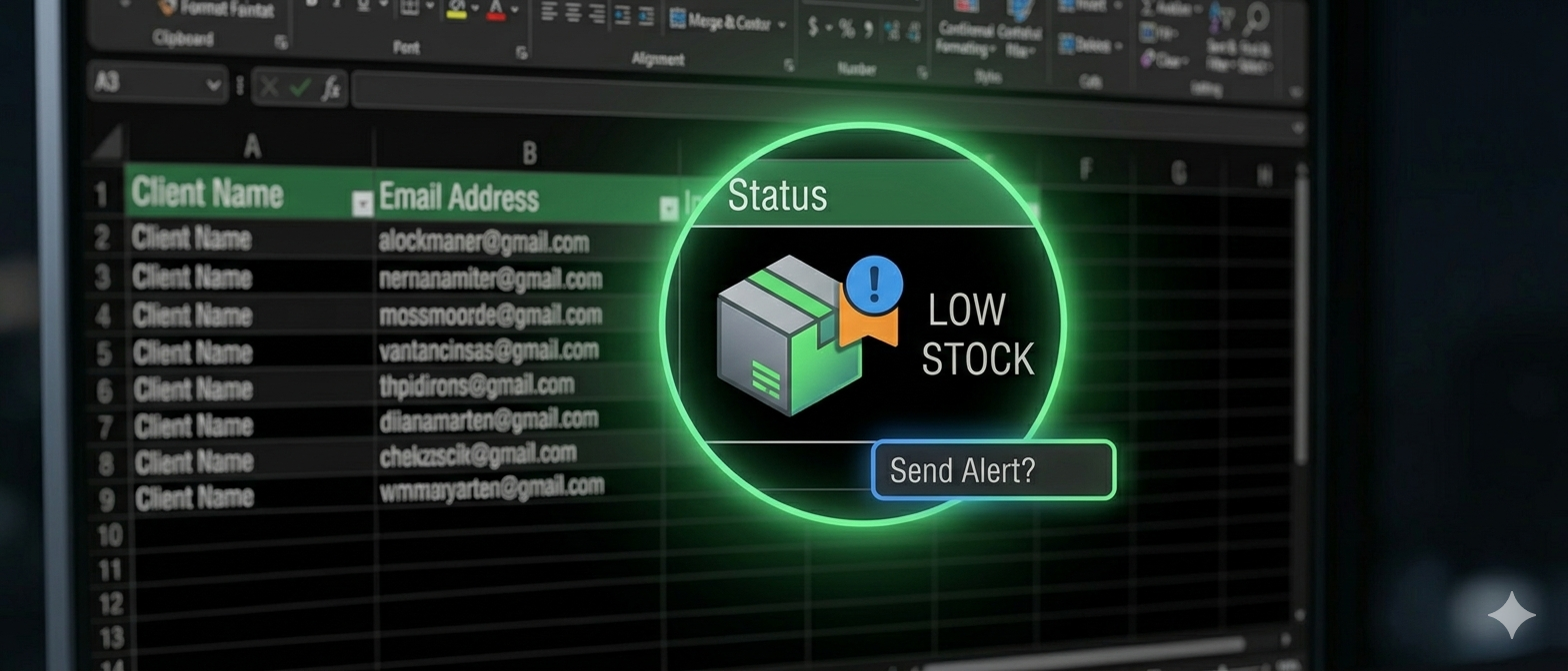 Alerte de stock bas générée automatiquement depuis Excel VBA — notification LOW STOCK avec bouton Send Alert dans le tableau