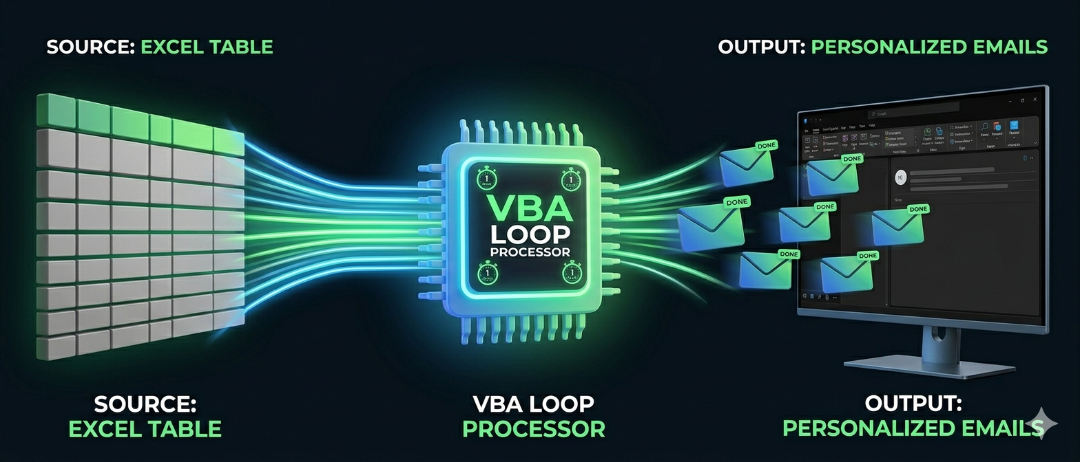 Schéma VBA Loop Processor : tableau Excel source à gauche, processeur VBA au centre, emails personnalisés en sortie à droite