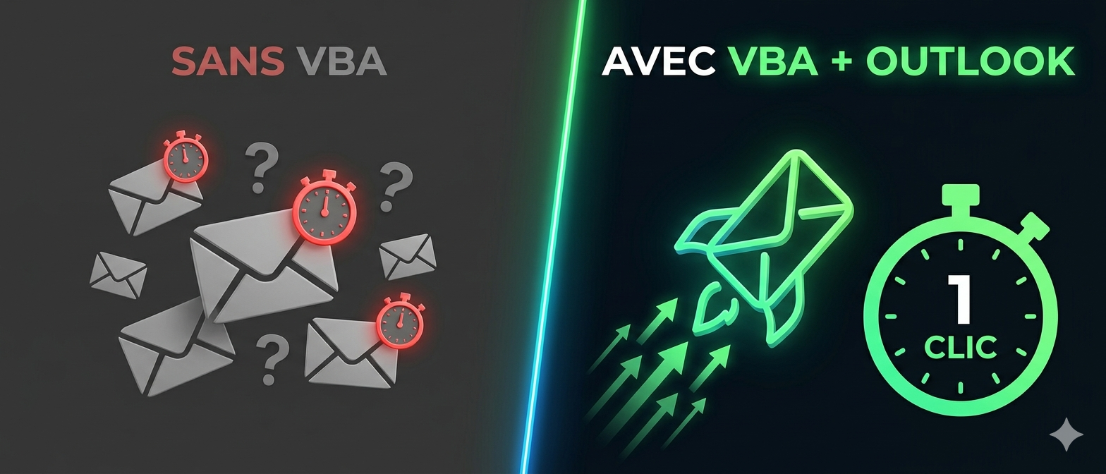 Comparaison visuelle : sans VBA — emails éparpillés et chronophages ; avec VBA + Outlook — 1 clic suffit pour tout envoyer