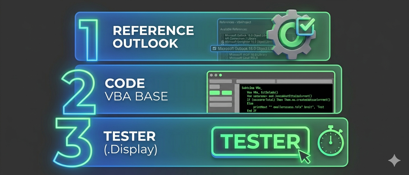 Les 3 étapes pour envoyer un email depuis Excel avec VBA : 1 Référencer Outlook, 2 Écrire le code VBA de base, 3 Tester avec .Display