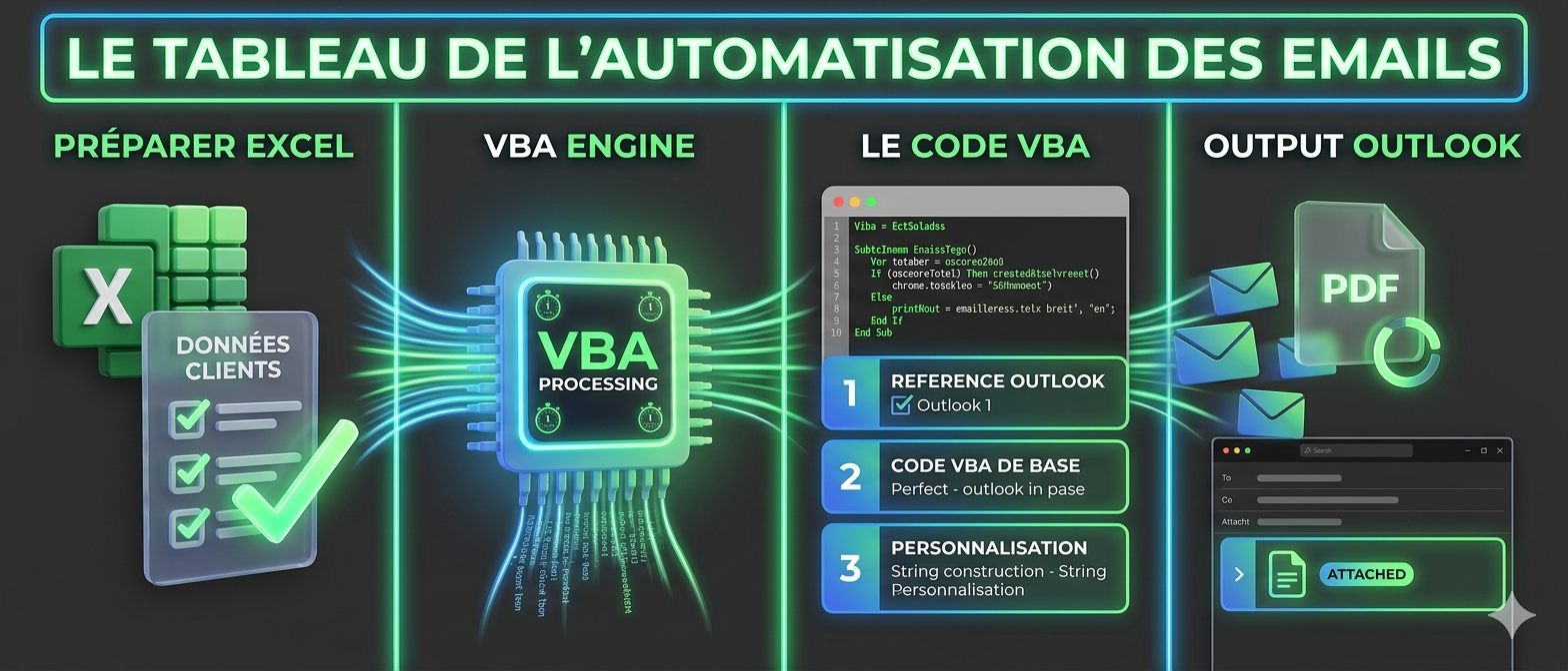 Infographie du tableau de l'automatisation des emails Excel VBA : préparer Excel, VBA Engine, code VBA, output Outlook avec PDF en pièce jointe