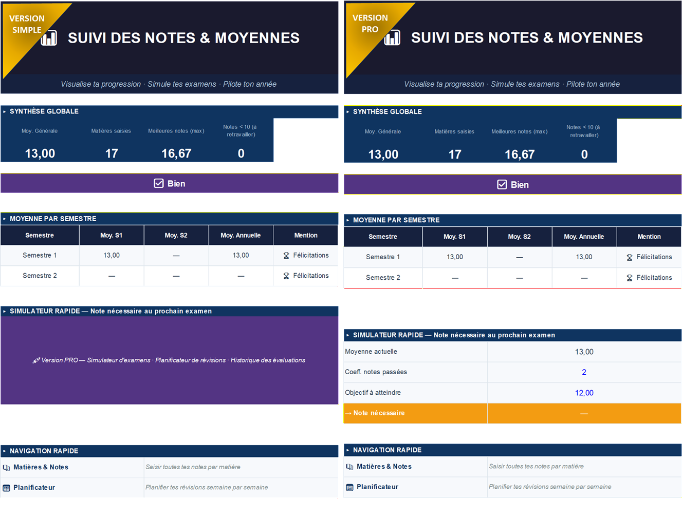 Pack Excel Étudiant — Dashboard suivi scolaire et planning automatisé