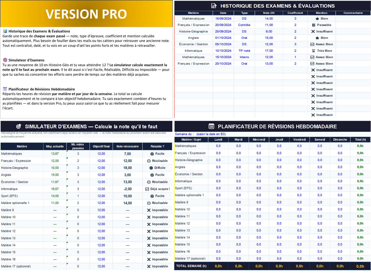 Pack Excel Étudiant — Modèle gestion du temps et budget étudiant