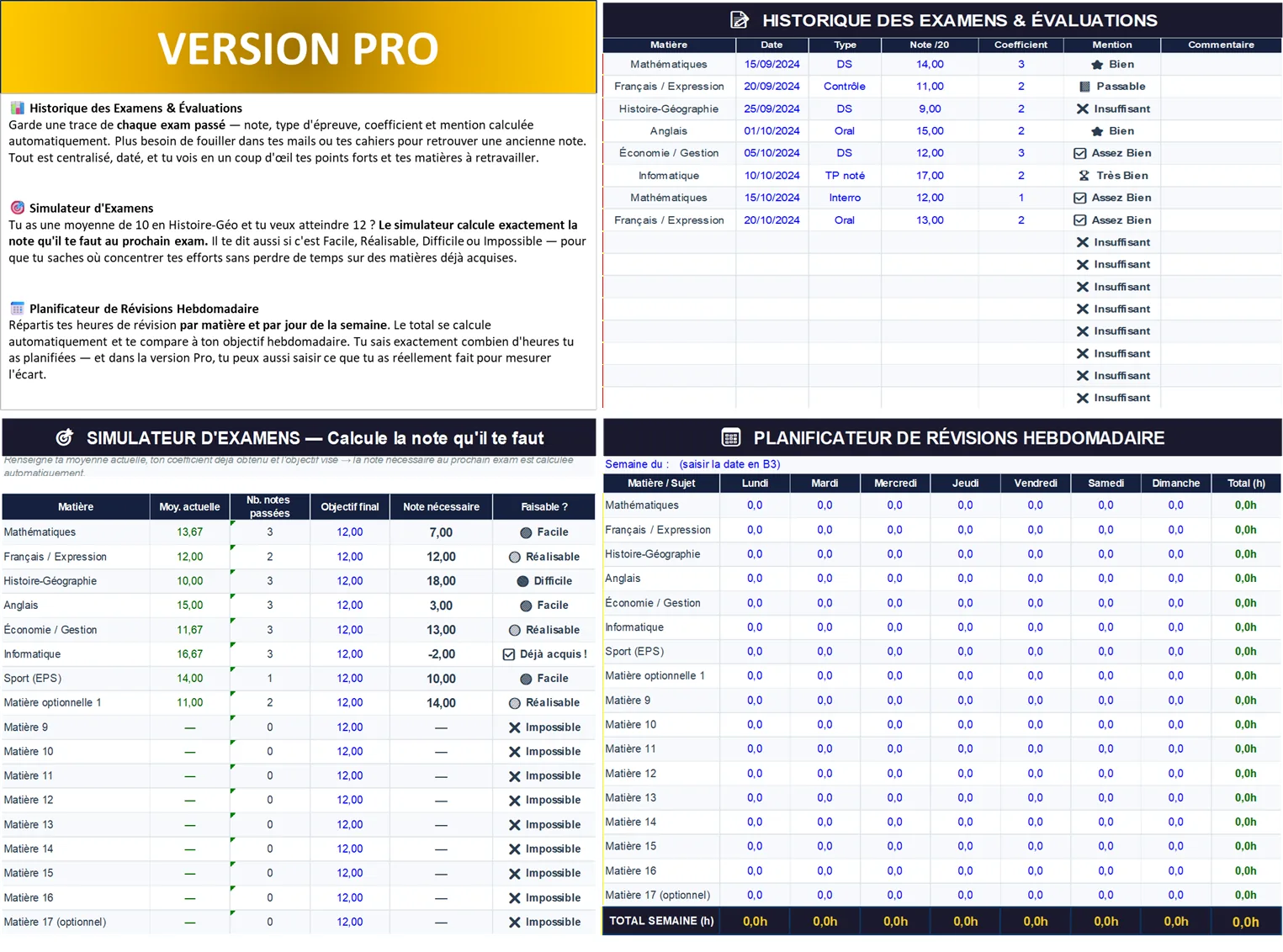 Pack Excel Étudiant Modèle gestion du temps et budget étudiant