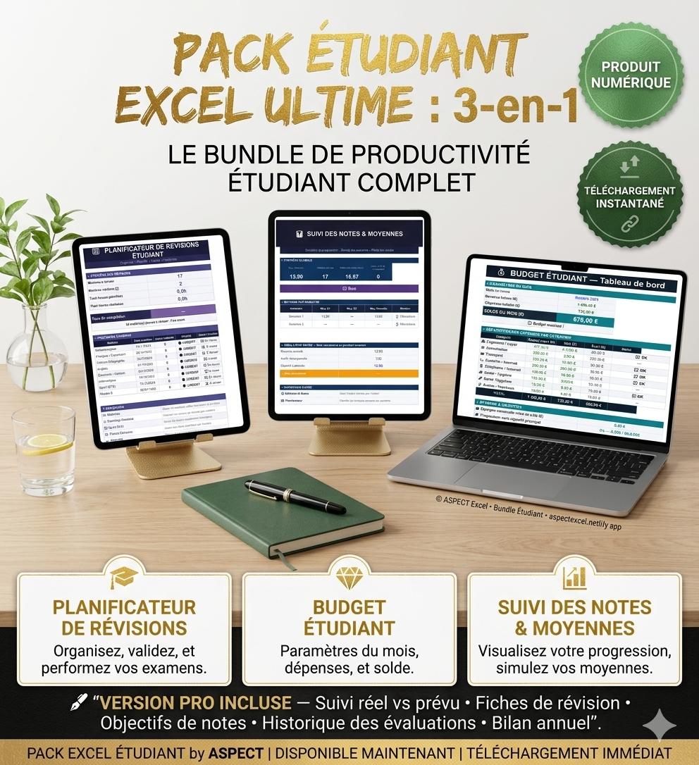 Pack Excel Étudiant PRO — Modèle Excel sur mesure pour étudiants ASPECT
