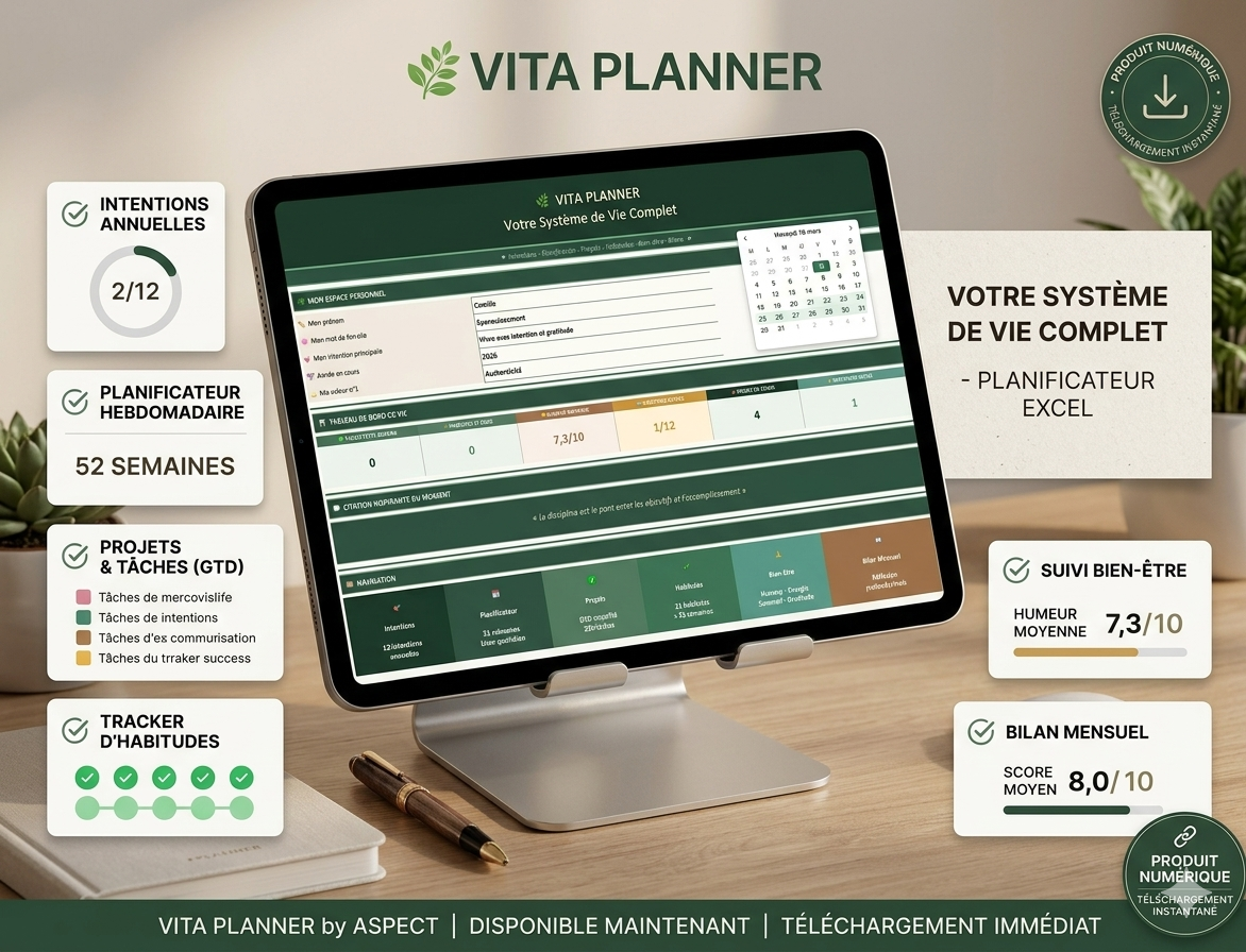 Vita Planner Excel — Planificateur de vie objectifs et bien-être personnel