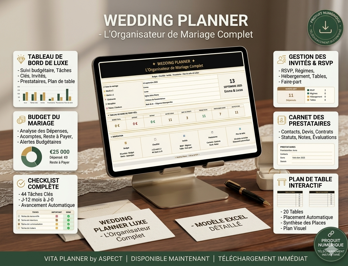 Wedding Planner Excel — Organisation mariage sur mesure invités et programme