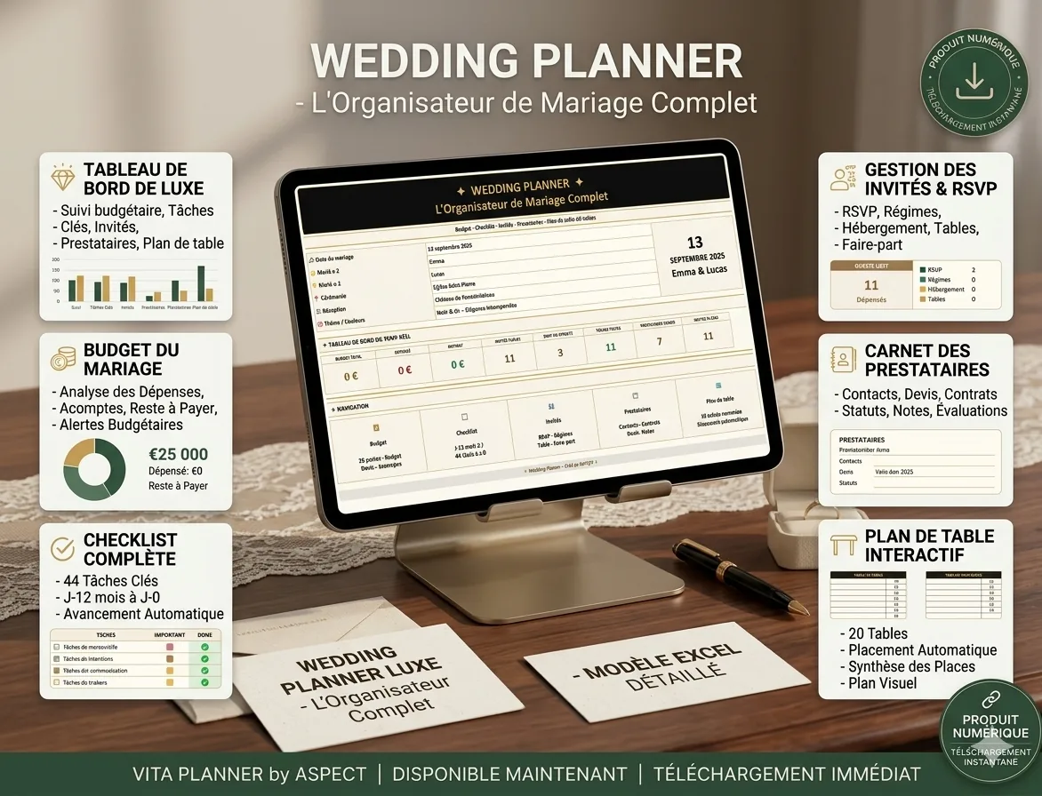 Wedding Planner Excel Organisation mariage sur mesure invités et programme