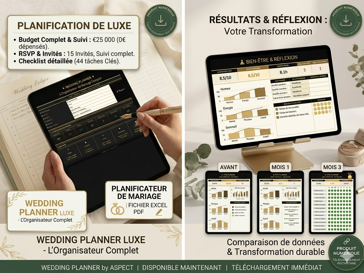Wedding Planner Excel — Suivi budget mariage et prestataires automatisé