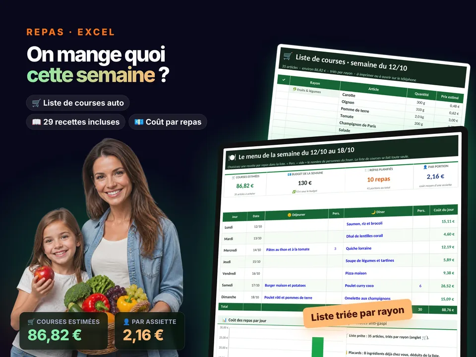 Planning Repas & Courses : aperçu du modèle Excel