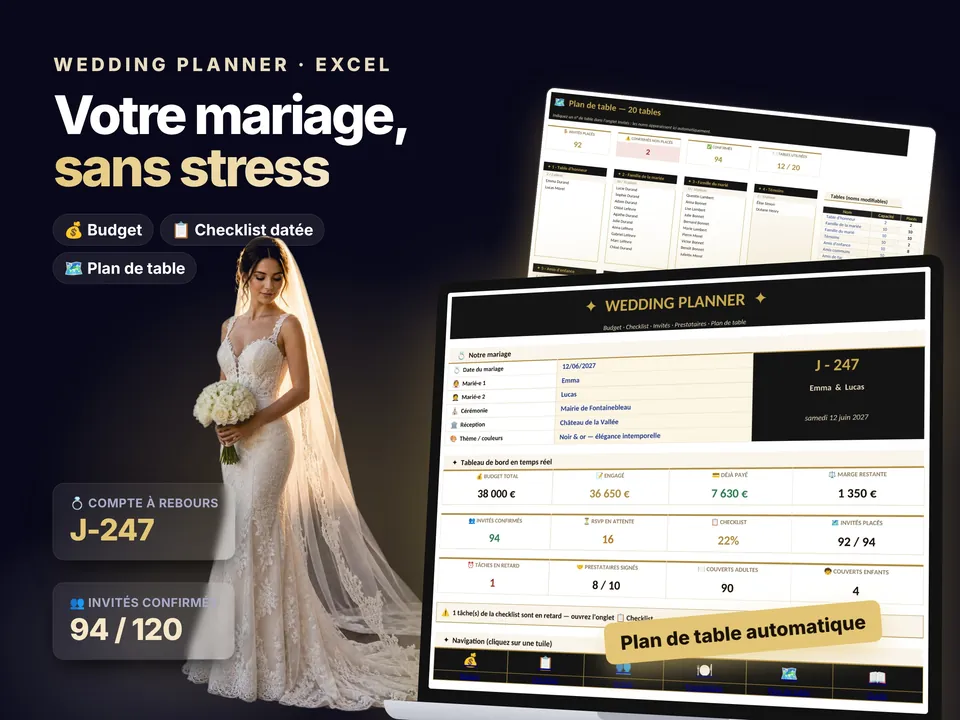 Wedding Planner Luxe : aperçu du modèle Excel