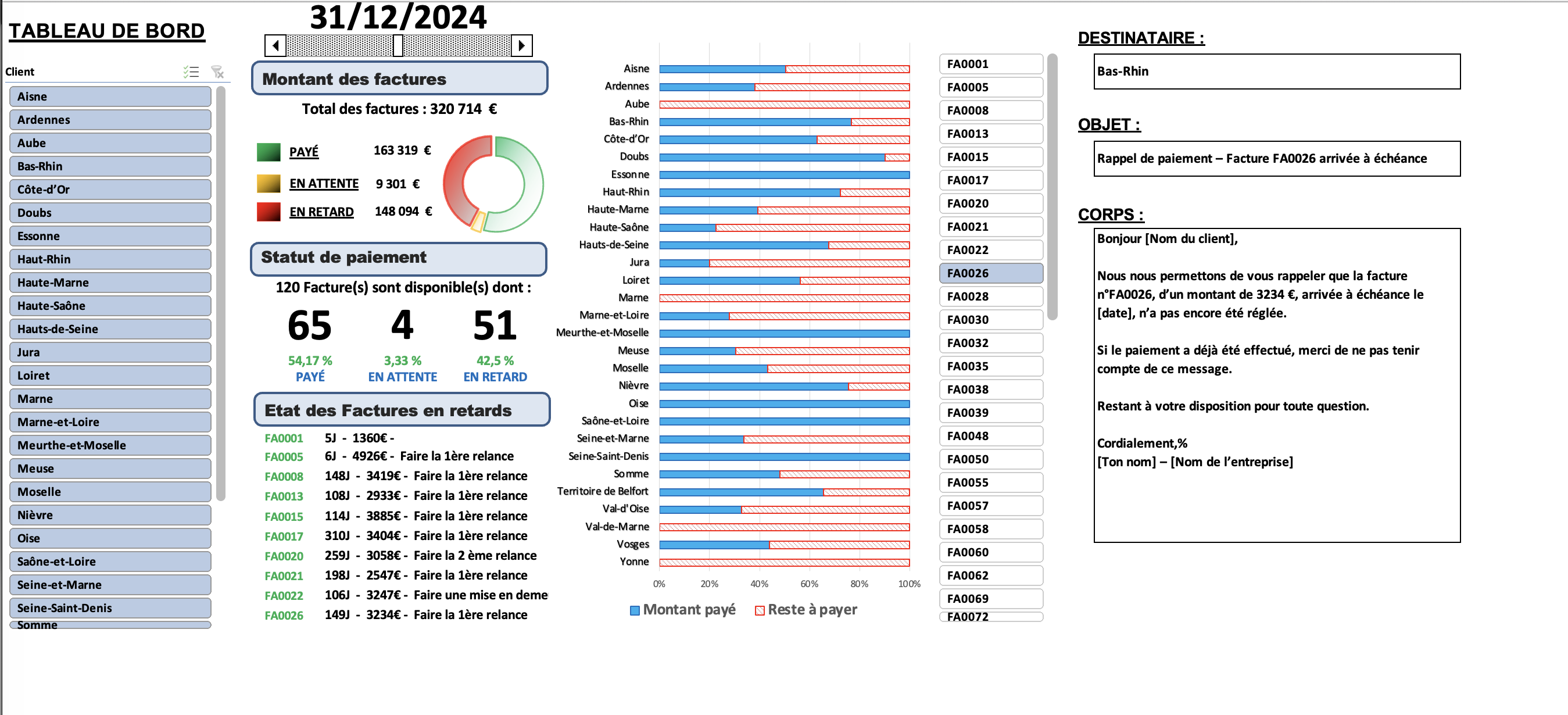 Dashboard Excel facturation automatisée — Suivi clients et paiements VBA