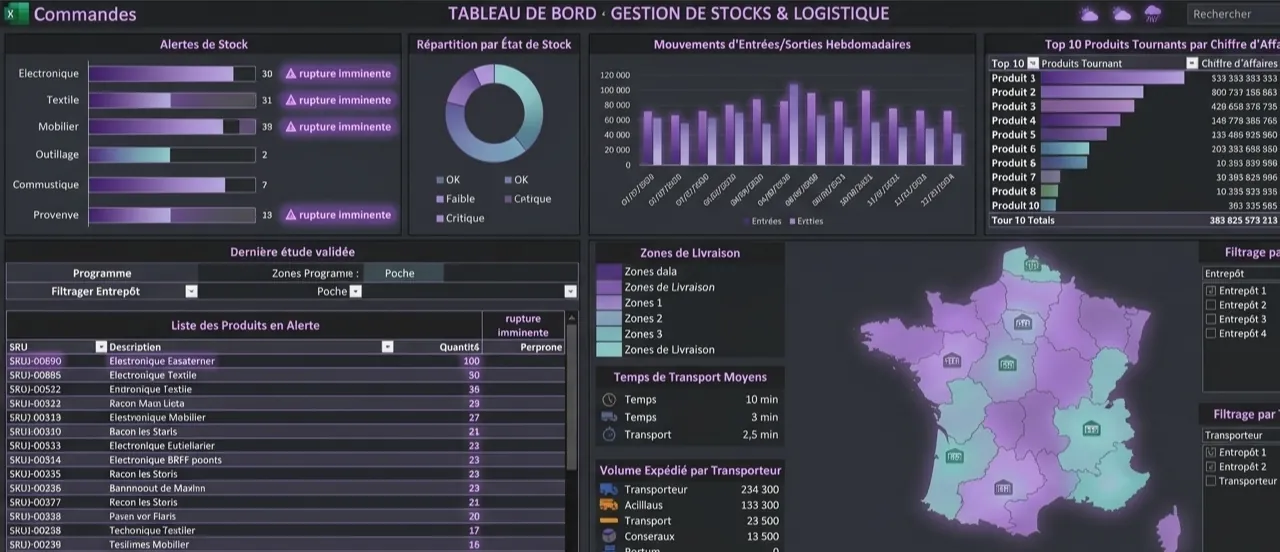Dashboard gestion des stocks Excel avec alertes rupture automatiques